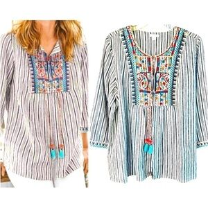 J.Jill Love Linen Boho Striped Embroidered Peasant Top with Tassels 3/4 Sleeve M